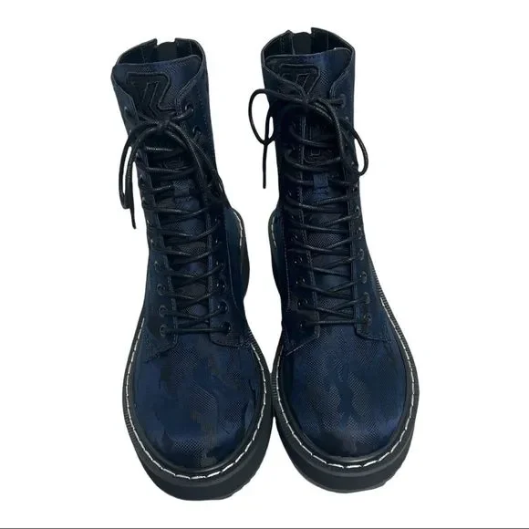 Kendall & Kylie Hunt2 Navy and Black Combat Moto Lace-Up Lug Platform Sole Boot - Picture 5 of 7
